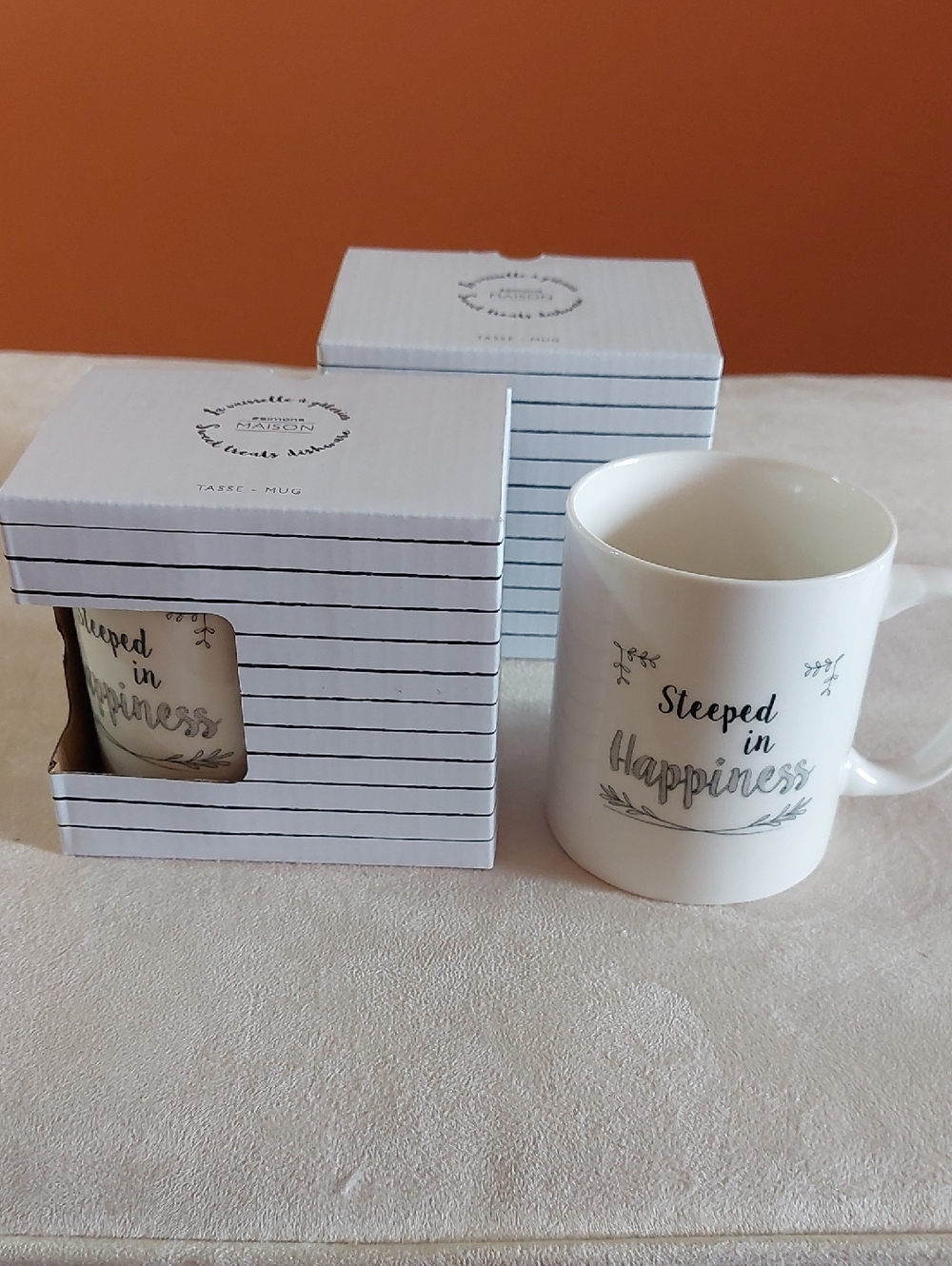 White "Steeped in Happiness" Ceramic Tea Mug